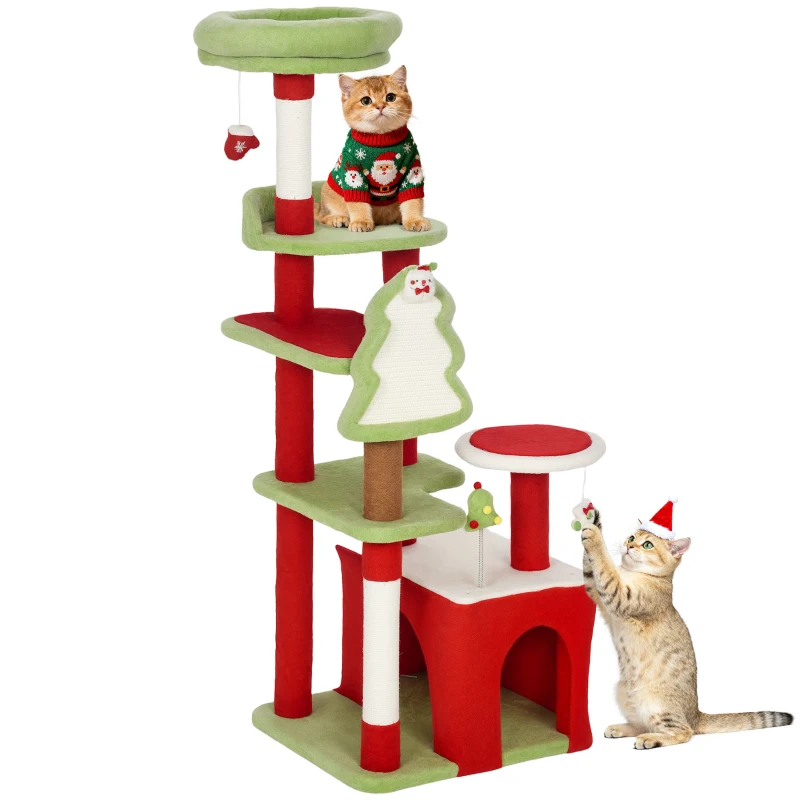 PawHut Cat Tree, 120cm Christmas Cat Tower with 3 Scratching Posts, Scratching Board, 2 Perches, Platforms, Toys, Green