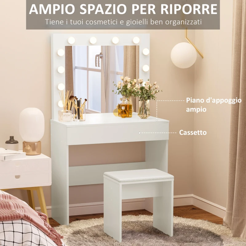 HOMCOM Postazione Trucco, Toeletta Trucco con Specchio, 12 Luci LED, Sgabello Imbottito e Ampio Cassetto in Legno, 80x40x140 cm, Bianco