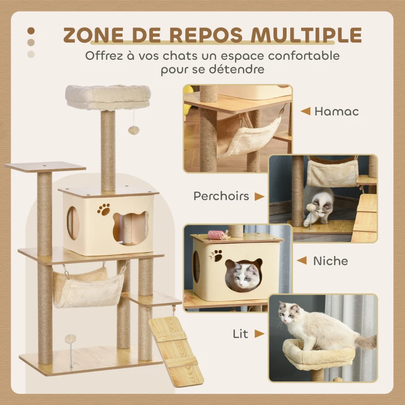 PawHut Arbre à chat tour de jeux pour chat, platesformes, niche, lit, hamac, échelle et griffoirs en jute 60x40x130cm jaune