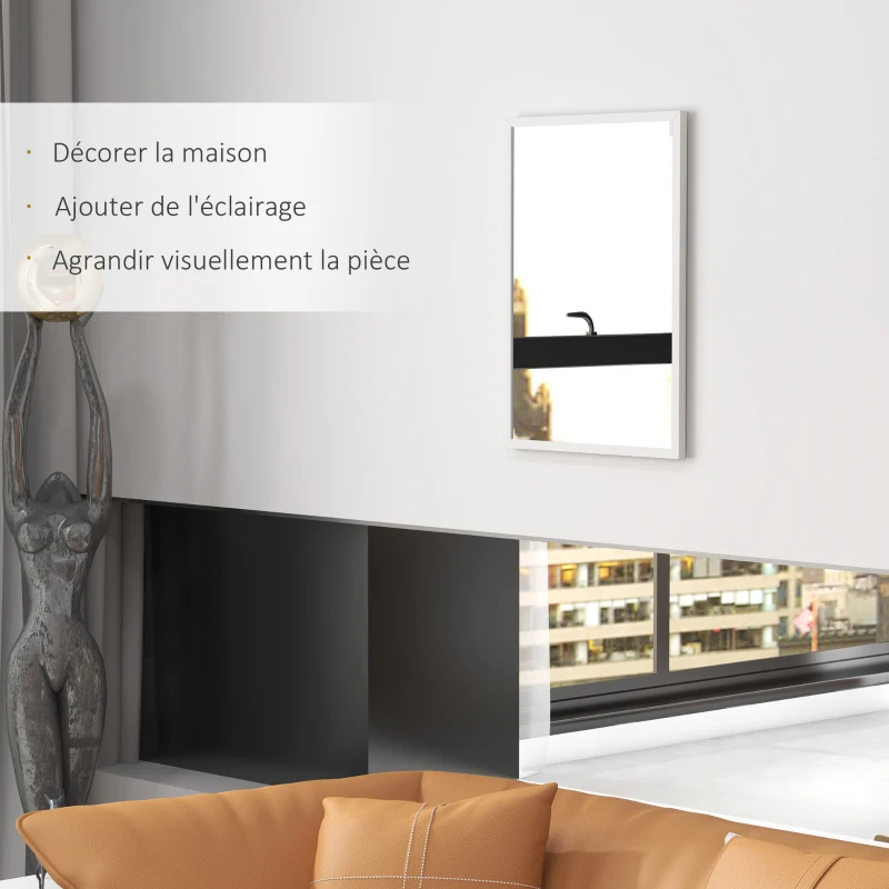 HOMCOM Miroir mural rectangulaire 50 x 70 cm, cadre en bois blanc, idéal pour la salle de bain, salon ou chambre