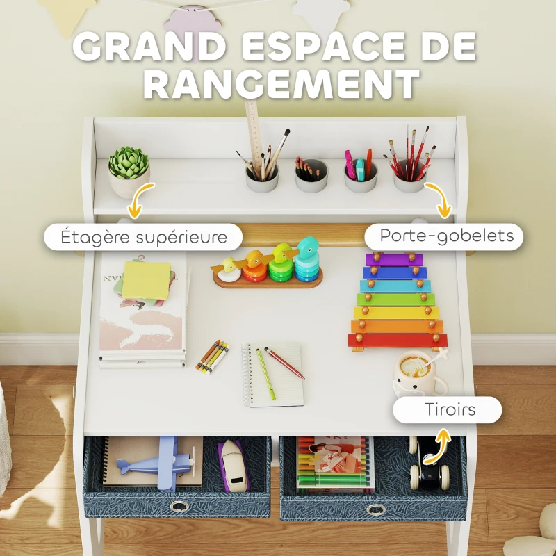 AIYAPLAY Bureau enfant avec chaise, table enfant et chaise avec 2 tiroirs en tissu et porte-gobelet, 62,8x55,6x73,8cm, blanc