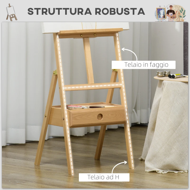 Vinsetto Cavalletto da Pittore ad Altezza Regolabile con Cassetto, in Legno di Faggio, 43.5x43x150-190 cm