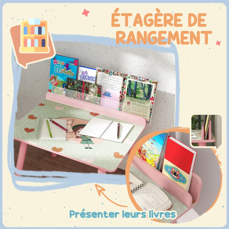 AIYAPLAY Ensemble table et chaise enfant table pour enfant avec chaise avec porte-livres motifs d'ours pour enfants 3-8 ans rose