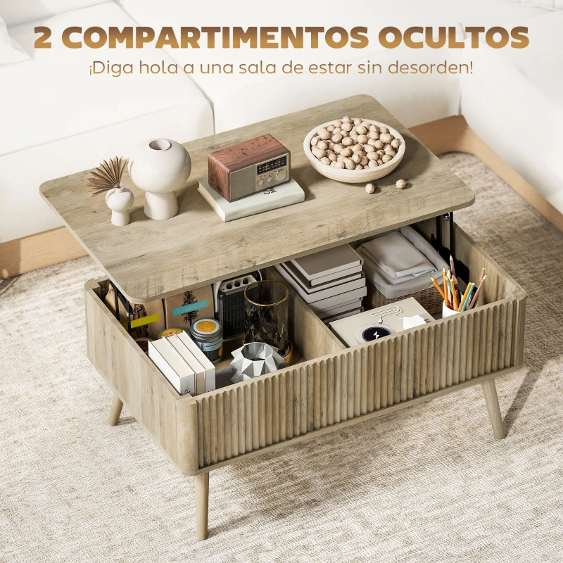 HOMCOM Mesa de Centro Elevable con Compartimentos Ocultos de Almacenaje y Patas de Pino para Salón Comedor 91x56x43 cm Roble