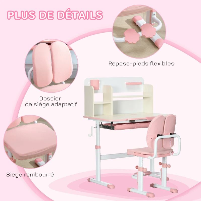 HOMCOM Ensemble bureau et chaise pour enfants hauteur réglable et plateau inclinable 0-60° table 80 x 52 x 88-109 cm rose