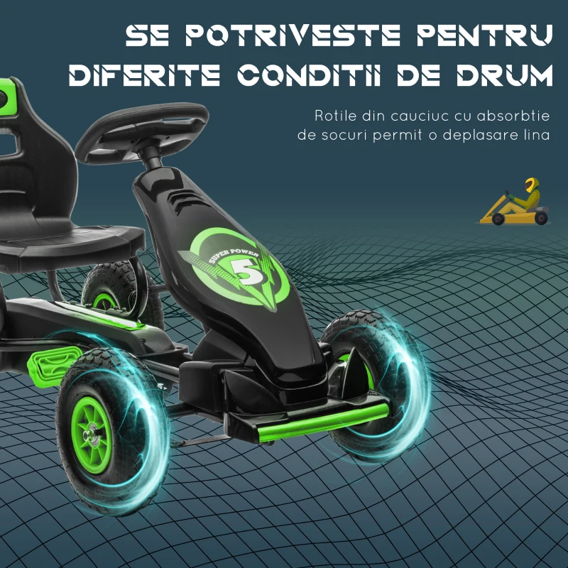 HOMCOM Kart cu Pedale pentru Copii 5-12 Ani cu Scaun Reglabil, din Metal și PP, 121x58x61 cm, Verde și Negru