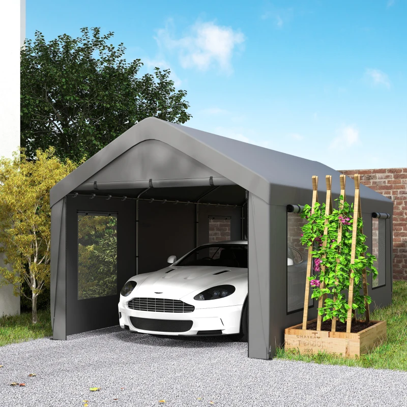 Outsunny Carport tente de garage 3 x 6 m avec parois latérales amovibles, 2 portes enroulables et 4 fenêtres, gris foncé