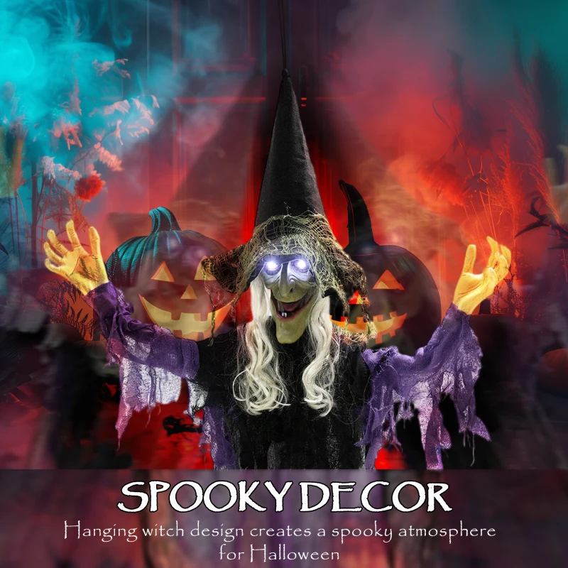 Outsunny 183 cm Life Size Halloween Animated Hanging Witch with Glowing LED Eyes, Spooky Witch Scary Halloween Decorations, Battery Operated, Indoor Party Props