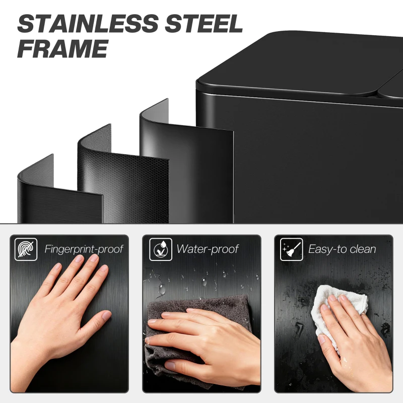 HOMCOM 3 x 15L Pedal Bin, Steel Triple Kitchen Bin with Soft Close Lid, Removable Inner Buckets, Fingerprint-Proof, Black