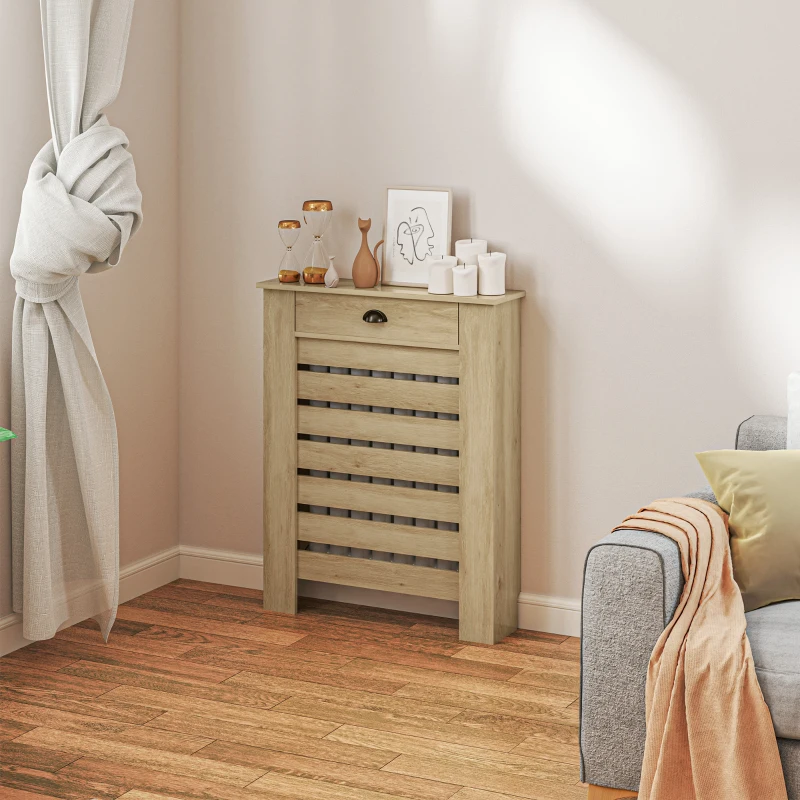HOMCOM Couvercle de radiateur cache radiateur grille à lattes horizontales avec 2 tiroirs en bois 78l x 19P x 95,5H cm chêne