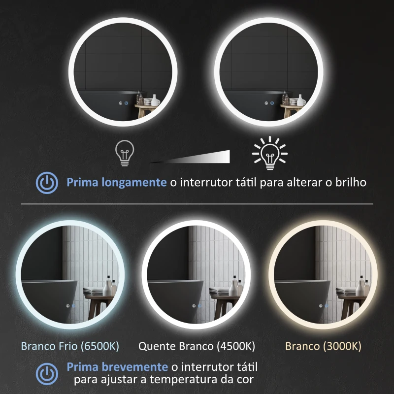 kleankin Espelho Casa de Banho Redondo com Luzes LED Ø60 cm Função Antiembaciamento 3 Luzes Função de Memória e Interruptor Tátil Prata