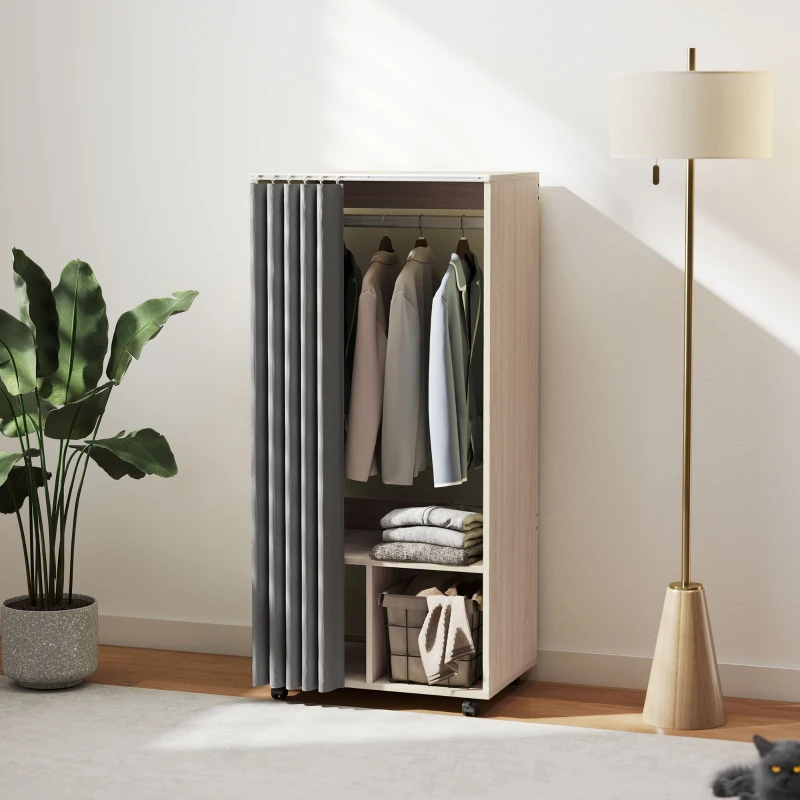 HOMCOM Armoire penderie armoire de rangement mobile avec rideau, tringle de suspension, 60 x 40 x 128 cm, effet bois naturel