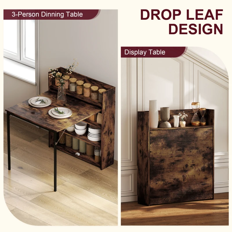 HOMCOM Uitklapbare eettafel met rek, industrieel design, ruimtebesparend, voor kleine ruimtes, 80x90x93 cm, Rustiek-bruin