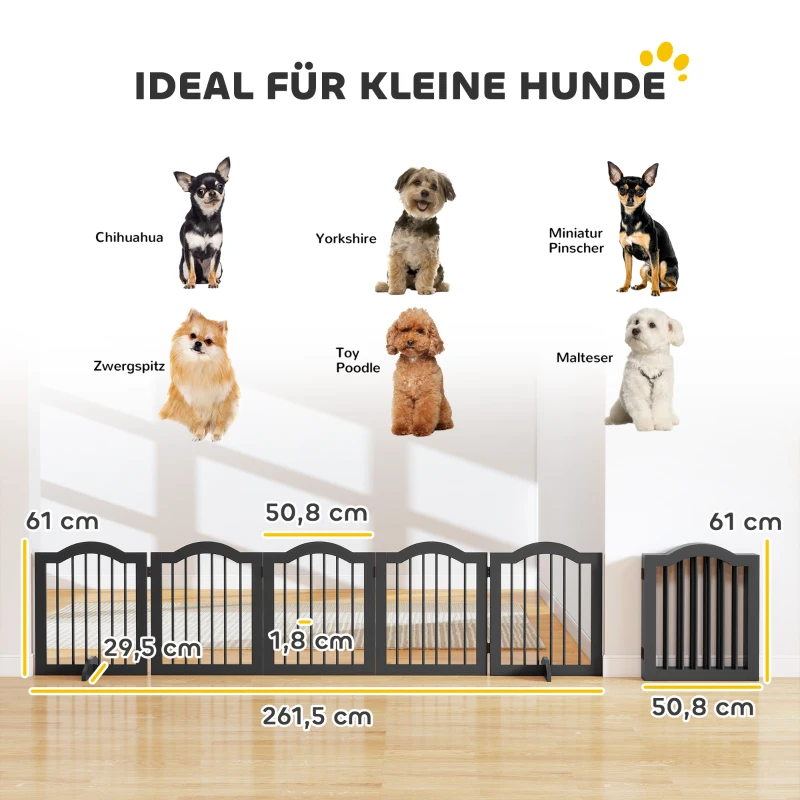 PawHut Absperrgitter Hund Freistehendes Schutzgitter mit Füßen, Klappbar Hundegitter, 5 Paneelen, 261,5 x 29,5 x 61 cm, Schwarz