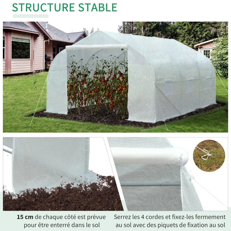 Outsunny Serre Tunnel de Jardin 13,35 m² dim. 4,5L x 3l x 2H m Porte + 6 fenêtres enroulables Acier galvanisé bâche PE Haute densité Blanc