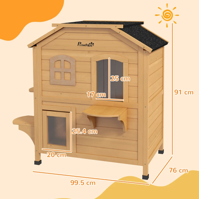 PawHut 2-story Cat House Outdoor, Weatherproof Wooden Cat Enclosure for Feral Cats with Escape Door, Openable Roof, Jumping Platforms, Natural Wood Finish