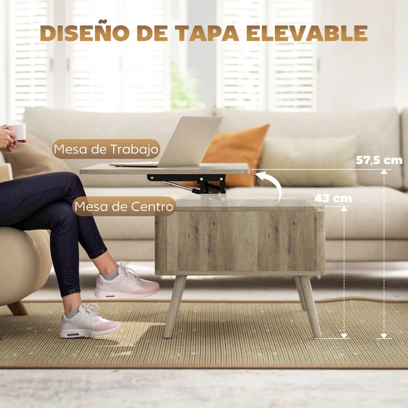 HOMCOM Mesa de Centro Elevable con Compartimentos Ocultos de Almacenaje y Patas de Pino para Salón Comedor 91x56x43 cm Roble