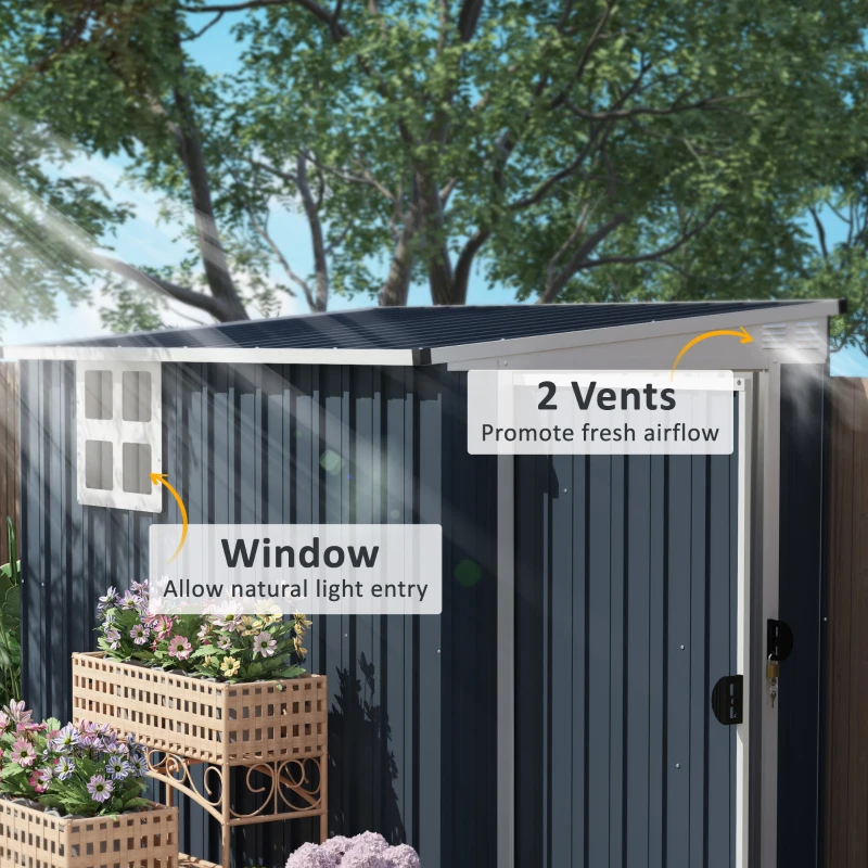 Outsunny 7.6 x 4ft Garden Metal Shed, Outdoor Storage Shed with Window, 2 Vents and Lockable Door for Garden, Patio, Dark Grey