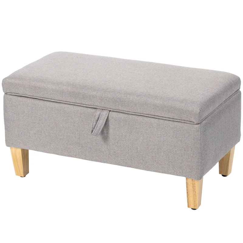HOMCOM 30L Linen Storage Ottoman Padded Footstool with Rubberwood Legs for Storage Box, Bed End, Shoe Bench, Seating, Light Grey
