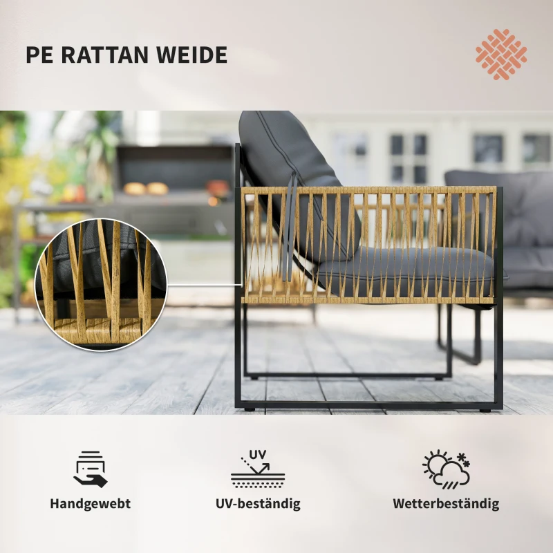 Outsunny Gartenmöbel-Set, 4-teilig, Sofa, 2 Stühle, Tisch mit Glasplatte, Metallgestell, Polyrattan, Anthrazit