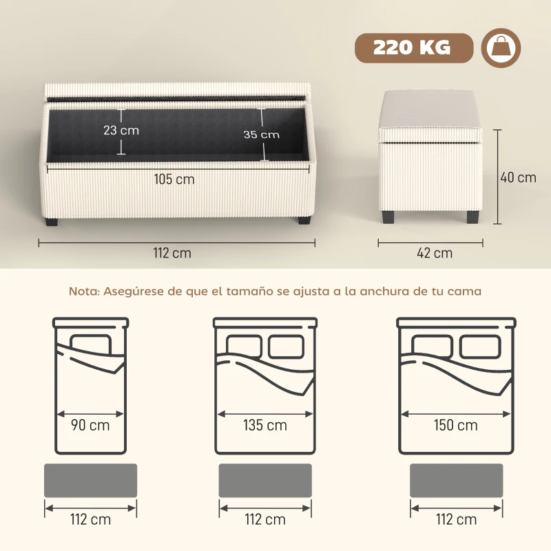 HOMCOM Banco Almacenaje Capacidad de 84 L 112x42x40cm Tapizado en Pana Pie de Cama para Sala de Estar Dormitorio Beige