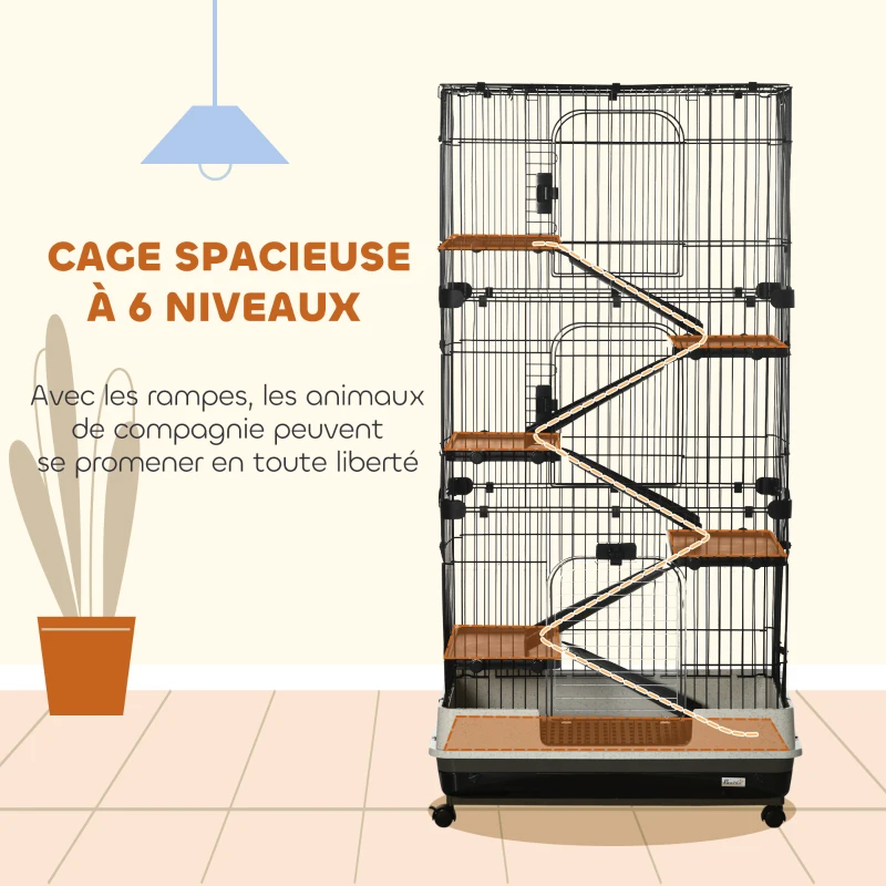 PawHut Cage pour lapin enclos à 5 niveaux avec 3 portes 5 rampes plateau amovible roulettes 81 x 52,5 x 159 cm noir et gris