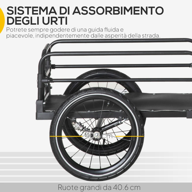 HOMCOM Carrello Bici da 70L con 2 Ruote da 16", 2 Catarifrangenti e Bandierina, in Acciaio e PE, 125x64x53.5 cm, Nero