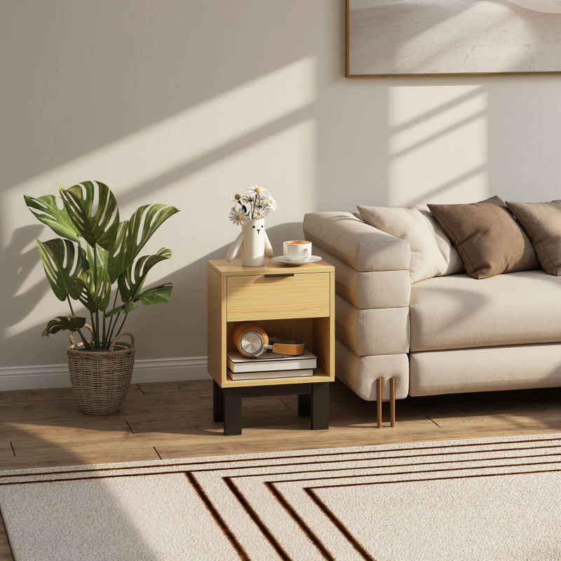 HOMCOM Nachttisch, Nachtschrank mit Schublade, offenes Fach, Nachtkommode für Schlafzimmer, Wohnzimmer, 35 x 26 x 50 cm, Eiche