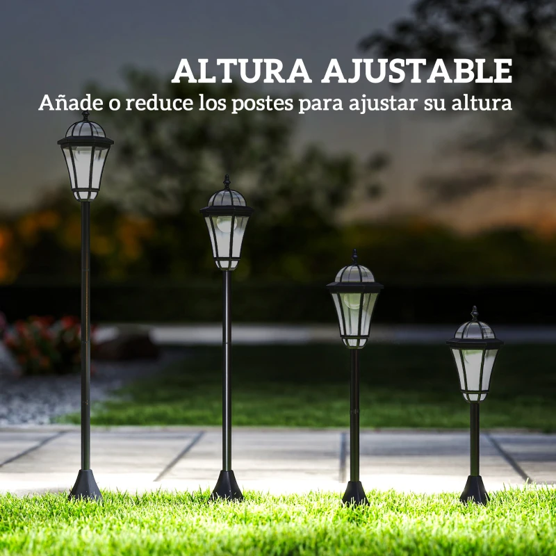 Outsunny 2 Farolas Solares de Jardín con Luz LED Blanca 6000K IP44 Set de 2 Farolas de Exterior 18,5x18,5x129 cm Negro