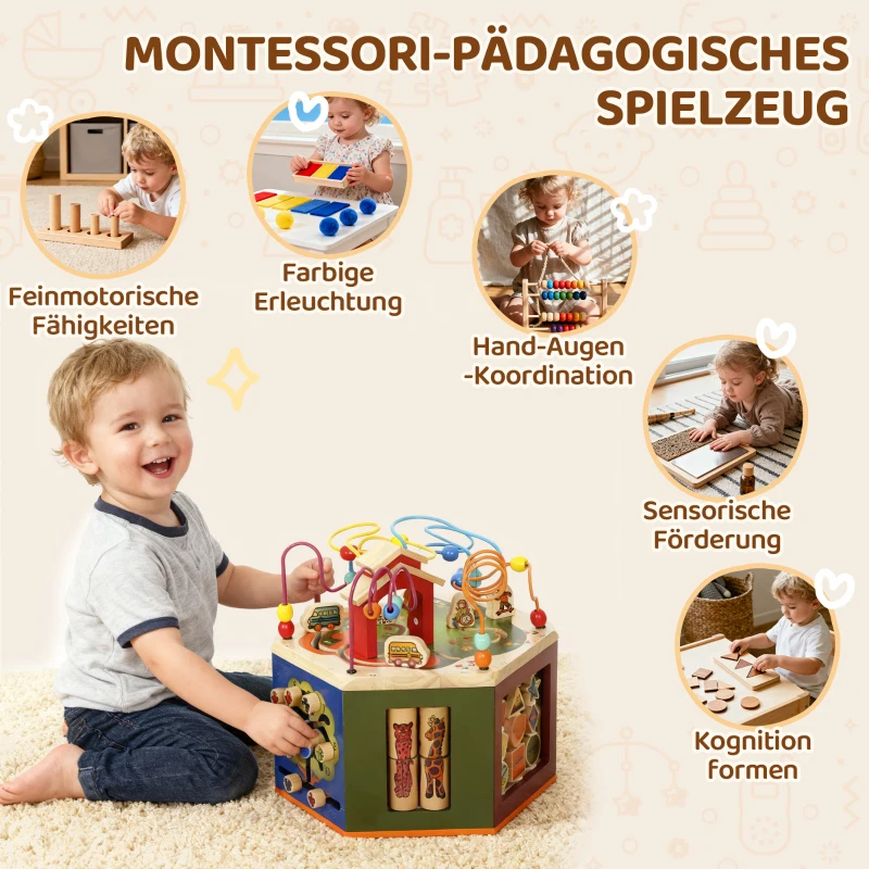 AIYAPLAY Motorikwürfel, 8-in-1 Aktivitätswürfel mit Motorikschleife, Perlenlabyrinth, 41,5 x 37,5 x 37,5 cm, Mehrfarbig