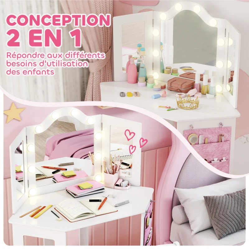 AIYAPLAY Coiffeuse enfant 2 en 1 avec tabouret miroir triptyque et lumières LED bicolores  93,6 x 48,5 x 111,5 cm blanc