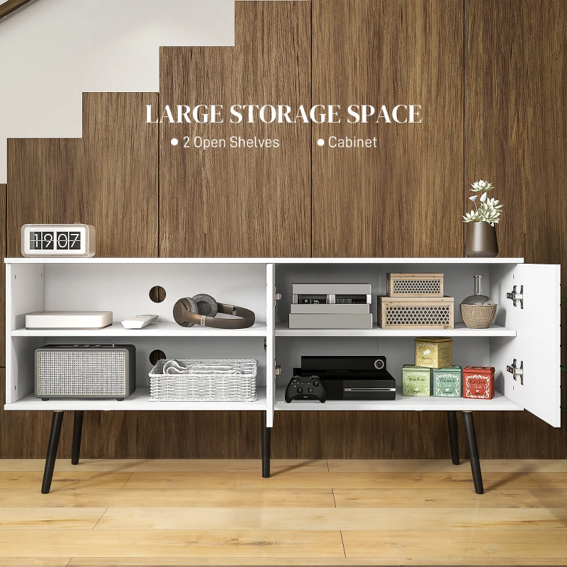 HOMCOM TV Stand with Cupboard, Open Shelves, Striped Doors, Wooden legs, White