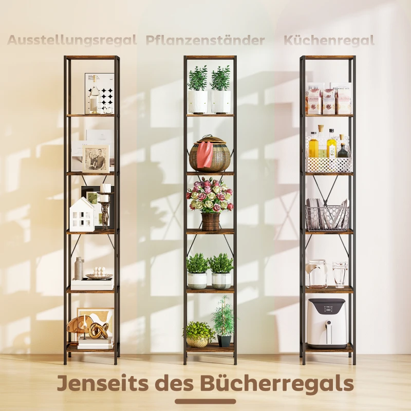 HOMCOM 2er-Set 6-Ebenen-Bücherregal, Stahlrahmen, für Wohnzimmer, Büro, Schlafzimmer, Rustikal-Braun