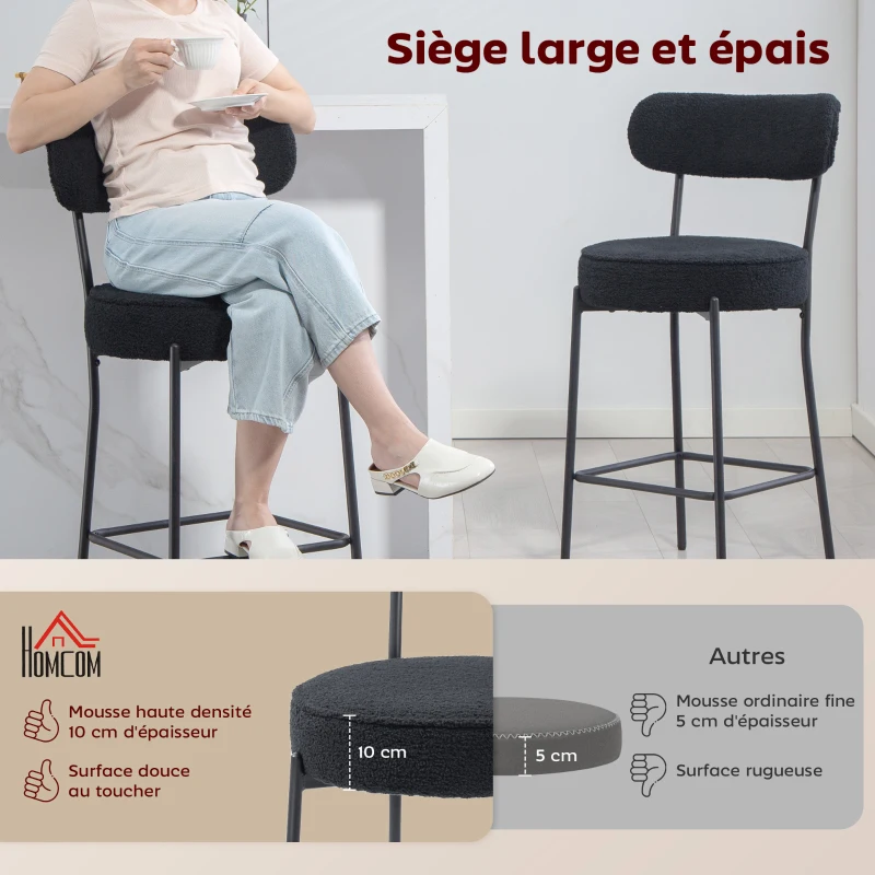 HOMCOM Lot de 2 tabourets de bar en tissu bouclette, chaises de bar avec dossier courbé, repose-pieds, 49x52x95cm, noir