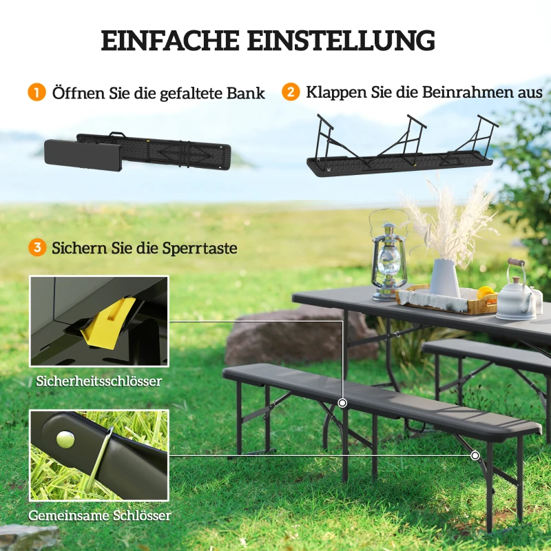 Outsunny Campingbank, Kunststoff-Outdoor-Bank, 240 kg Belastbarkeit, Schwarz