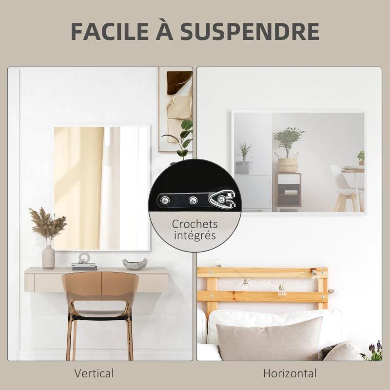 HOMCOM Miroir mural rectangulaire 90 x 70 cm, cadre en bois blanc, idéal pour la salle de bain, salon ou chambre