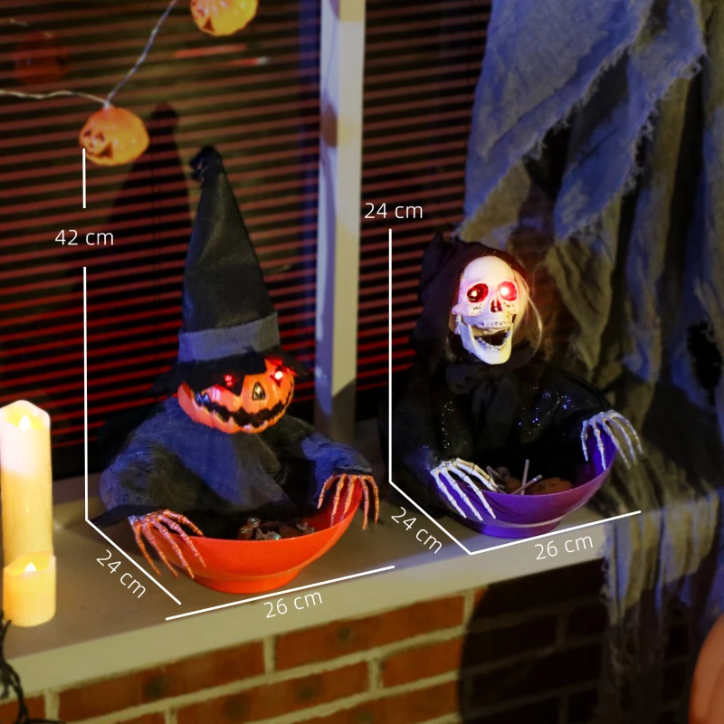 Outsunny 2pcs Animated Halloween Skull Bowl, Skeleton Ghost Skull Candy Dish with LED Eyes, Moving Body and Creepy Sound for Party Decoration, Festival Haunted Houses