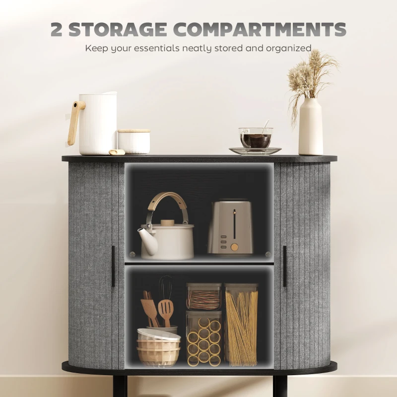 HOMCOM Tambour Sideboard with Fluted Sliding Doors, Modern Kitchen Cupboard with Storage Shelves and Wooden Legs, Grey