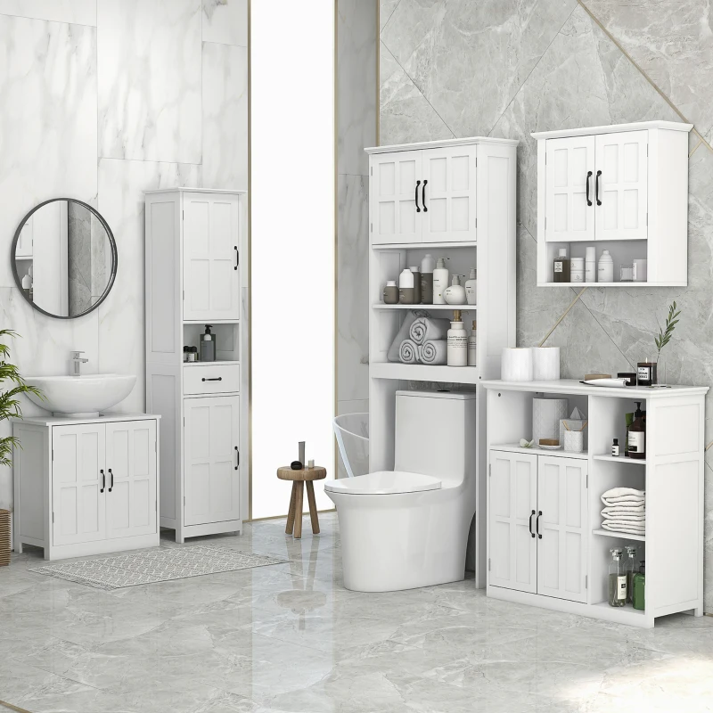 kleankin Columna de Baño con 2 Puertas 1 Cajón Estante Abierto y 2 Armarios con Estante Ajustable 40x30x164 cm Blanco