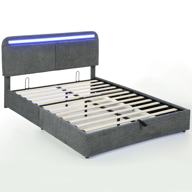 HOMCOM Lit coffre 140 x 190 cm avec éclairage LED, tête de lit réglable, cadre de lit double, sommier à lattes en bois, gris