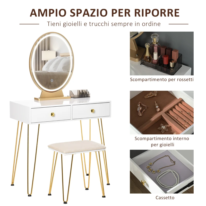 HOMCOM Postazione Trucco con Specchio Luci a LED in Stile Industriale, Toeletta Trucco con Sgabello, Mobile Toeletta con Interruttore Touch, Bianco
