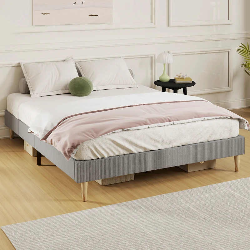 HOMCOM Cadre de lit 160 x 200 cm avec sommier à lattes en bois, lit double rembourré en velours côtelé, gris