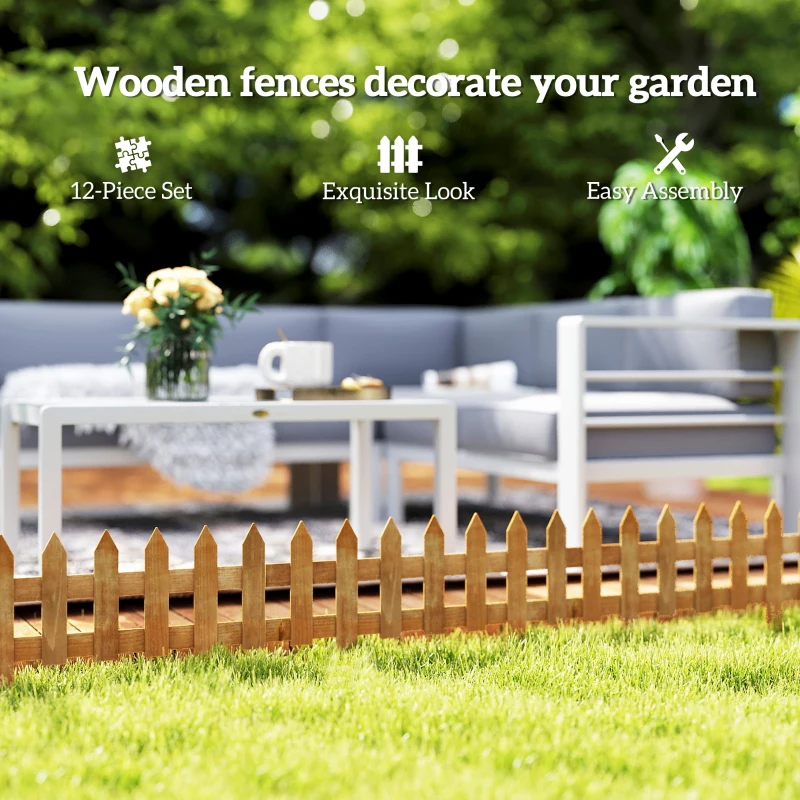 Outsunny Pack of 12 Wooden Border Fences, Garden Fixed Picket Fence for Lawn Edging, Flowerbed, 60L x 1D x 34H cm, Brown