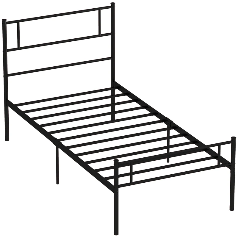 HOMCOM Single Metal Bed Frame Solid Bedstead Base with Headboard and Footboard, Metal Slat Support and Underbed Storage Space, Bedroom Furniture, Black