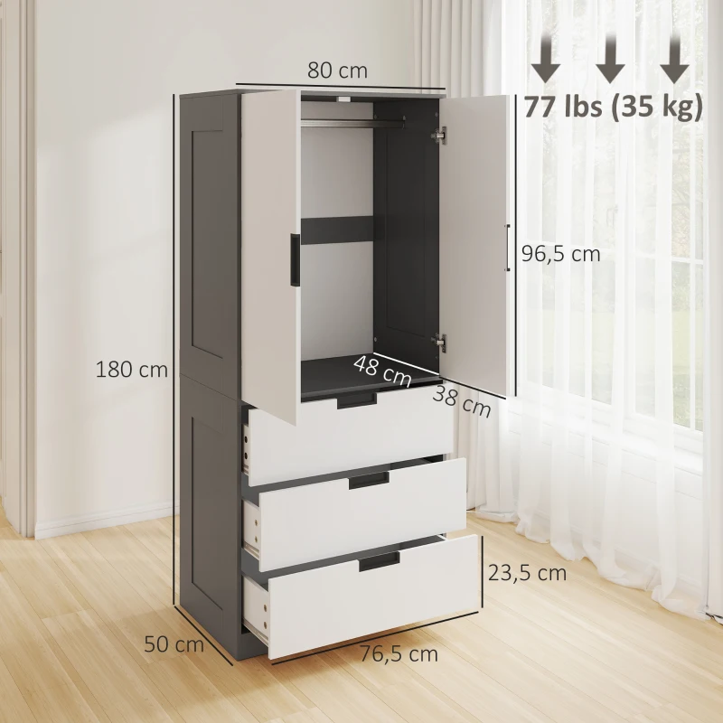 HOMCOM Armoire chambre penderie avec 2 portes à fermeture douce, 3 tiroirs et barre de suspension, 80x50x180cm, gris et blanc