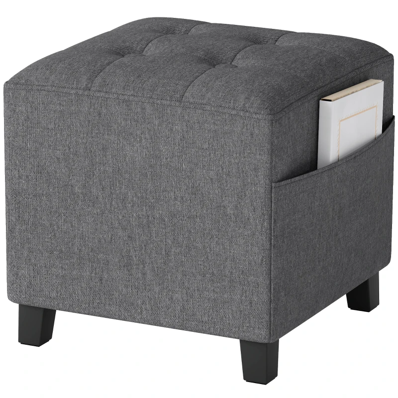 HOMCOM Square Footstool, Small Ottoman with Side Pocket, Linen Fabric Footrest Foot Stool with Rubber Wood Legs and Padded Seat for Living Room, Bedroom, Entryway, 35 x 35 x 35cm, Grey