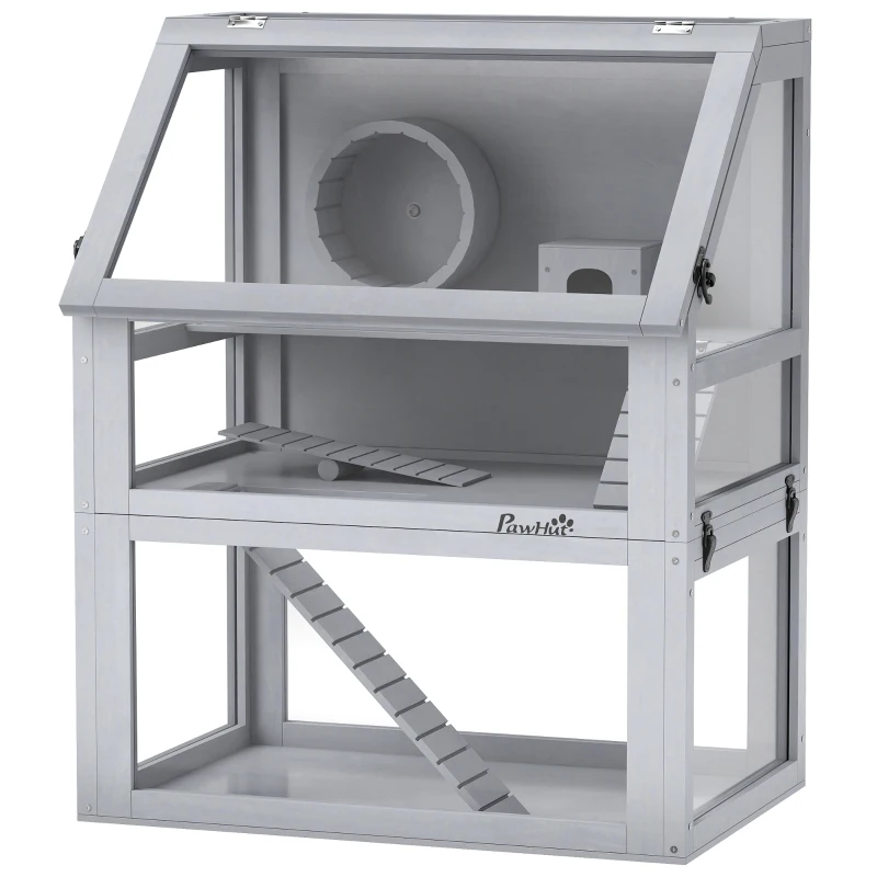 PawHut Wooden Hamster Cage with Detachable 32cm Deep Bottom, Hut, Seesaw, Exercise Wheel, Ramp, 60 x 40 x 75cm, Light Grey
