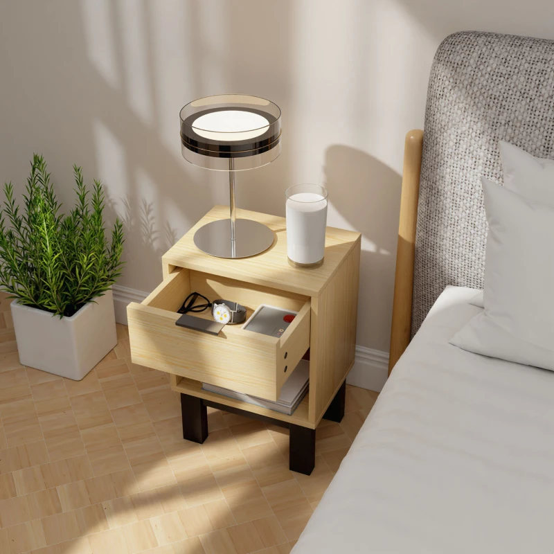 HOMCOM Nachttisch, Nachtschrank mit Schublade, offenes Fach, Nachtkommode für Schlafzimmer, Wohnzimmer, 35 x 26 x 50 cm, Eiche