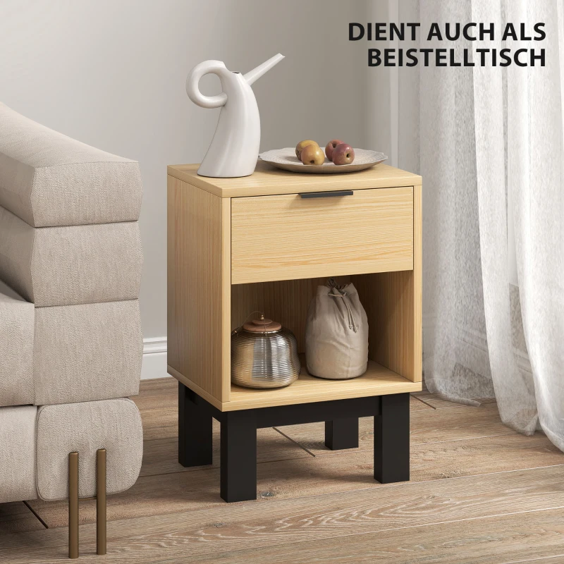HOMCOM Nachttisch, Nachtschrank mit Schublade, offenes Fach, Nachtkommode für Schlafzimmer, Wohnzimmer, 35 x 26 x 50 cm, Eiche