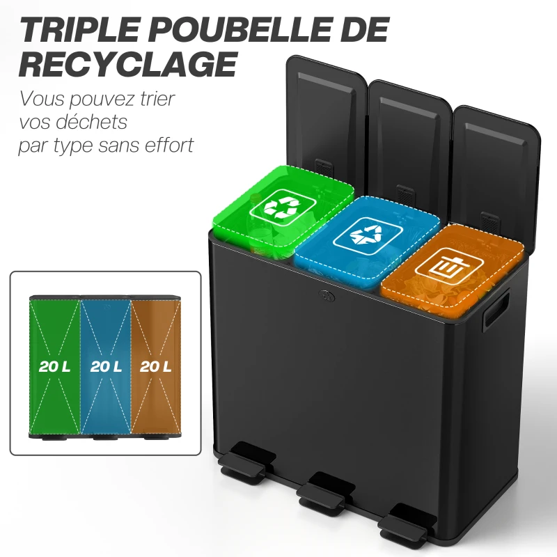 HOMCOM Poubelle de cuisine, poubelle tri sélectif, 3 compartiments de 20L, seaux intérieurs amovibles, 61,9x36,6x56,7cm, noir